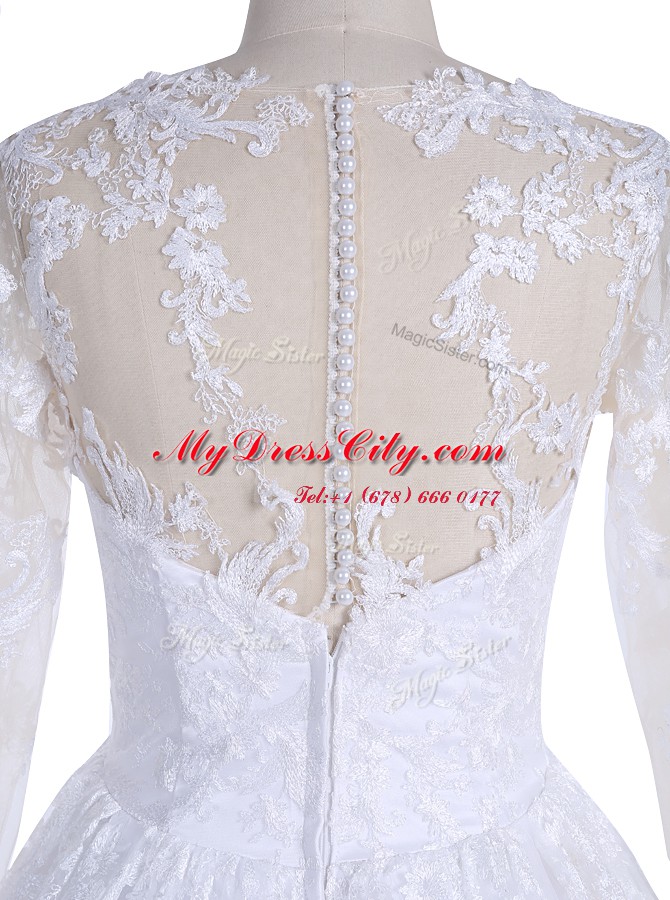Superior Lace Floor Length White Wedding Dresses Scoop Long Sleeves Clasp Handle