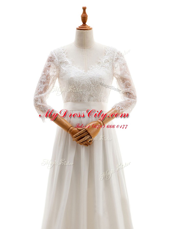 Fabulous Floor Length White Wedding Dresses V-neck 3 4 Length Sleeve Lace Up