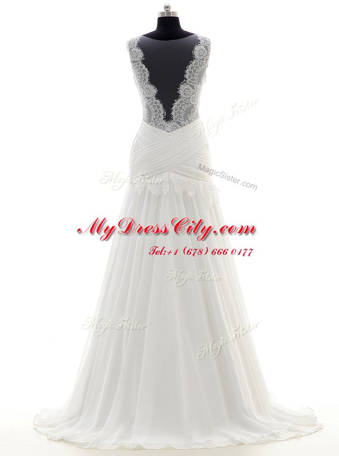 Scoop White Side Zipper Wedding Gown Lace Sleeveless With Brush Train