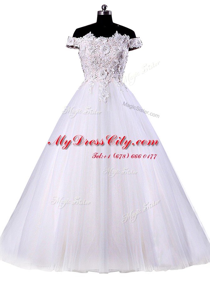 Off the Shoulder White Sleeveless Floor Length Appliques Lace Up Wedding Dress