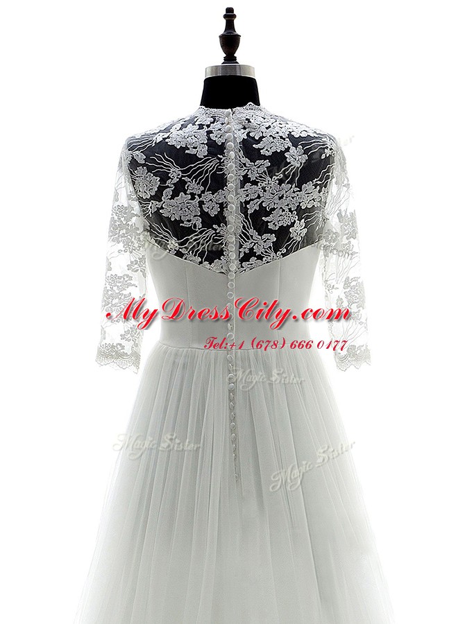 White Tulle Zipper Sweetheart 3 4 Length Sleeve With Train Wedding Gown Brush Train Appliques