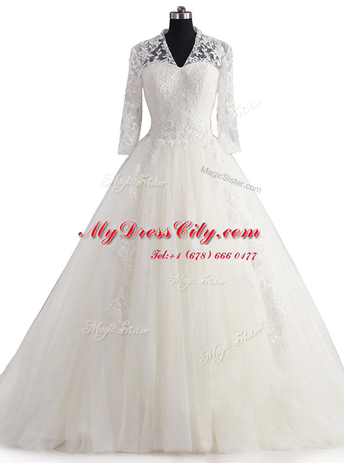 Tulle 3 4 Length Sleeve With Train Wedding Dress Brush Train and Appliques