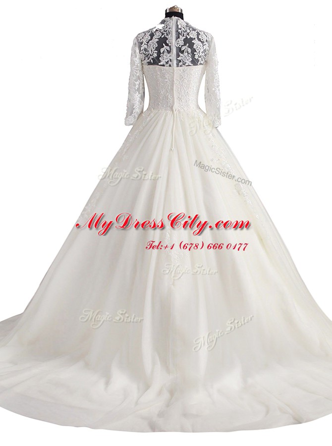 Tulle 3 4 Length Sleeve With Train Wedding Dress Brush Train and Appliques