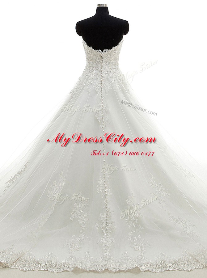 Best Selling White Wedding Dress Wedding Party and For with Lace and Appliques Strapless Sleeveless Brush Train Clasp Handle