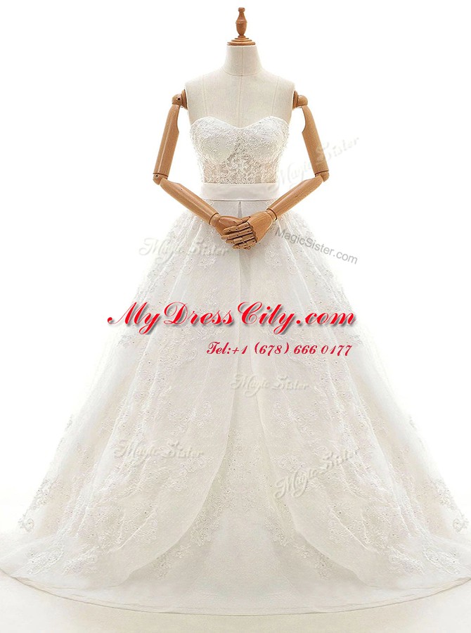 White Sleeveless Organza Court Train Zipper Bridal Gown for Wedding Party