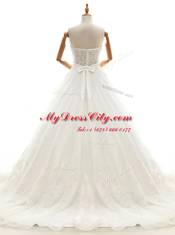 White Sleeveless Organza Court Train Zipper Bridal Gown for Wedding Party