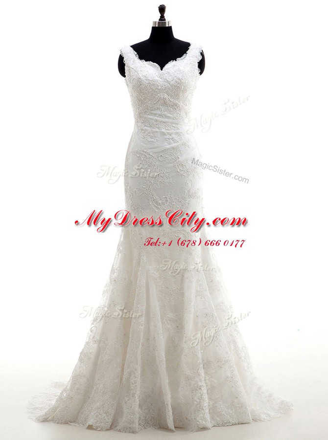 Fabulous White Mermaid Tulle V-neck Sleeveless Lace With Train Clasp Handle Wedding Dresses Brush Train