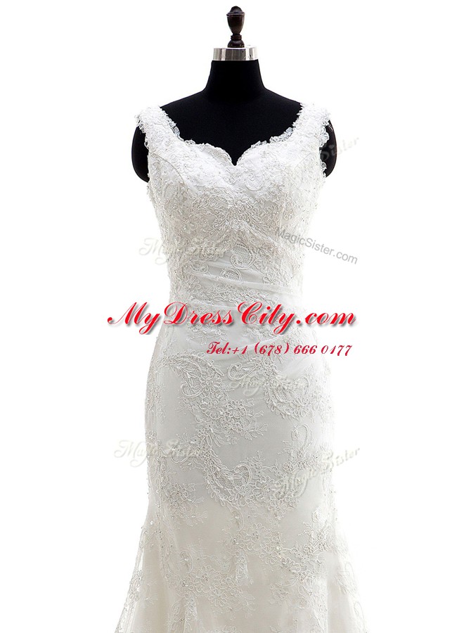 Fabulous White Mermaid Tulle V-neck Sleeveless Lace With Train Clasp Handle Wedding Dresses Brush Train