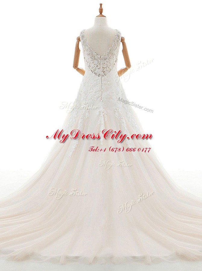 White Zipper Wedding Gowns Appliques Sleeveless With Train Court Train