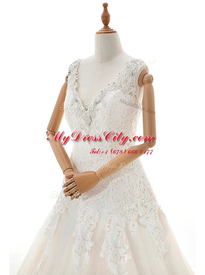 White Zipper Wedding Gowns Appliques Sleeveless With Train Court Train