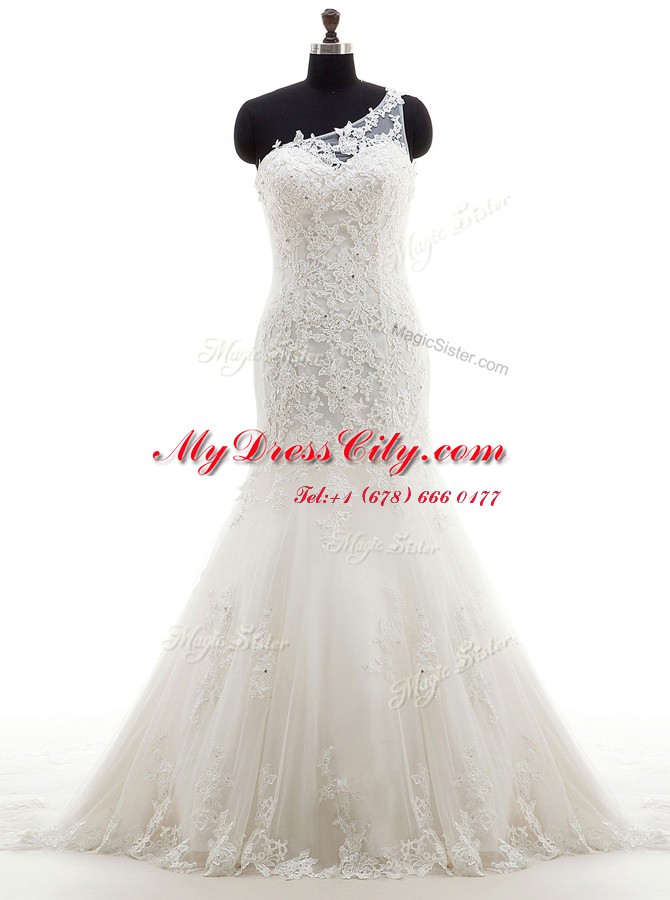 Romantic Mermaid One Shoulder Sleeveless Court Train Lace Up With Train Lace Bridal Gown