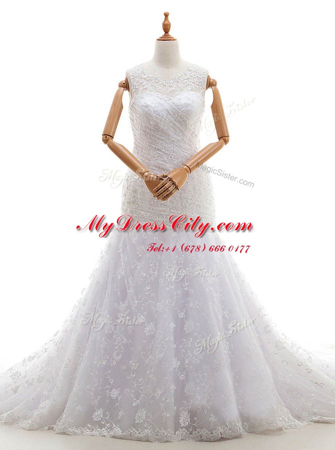 White Zipper Scoop Lace and Ruching Wedding Dresses Lace Sleeveless Court Train
