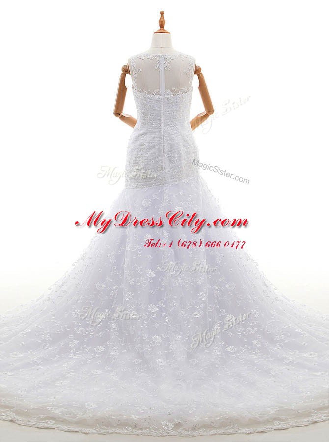 White Zipper Scoop Lace and Ruching Wedding Dresses Lace Sleeveless Court Train
