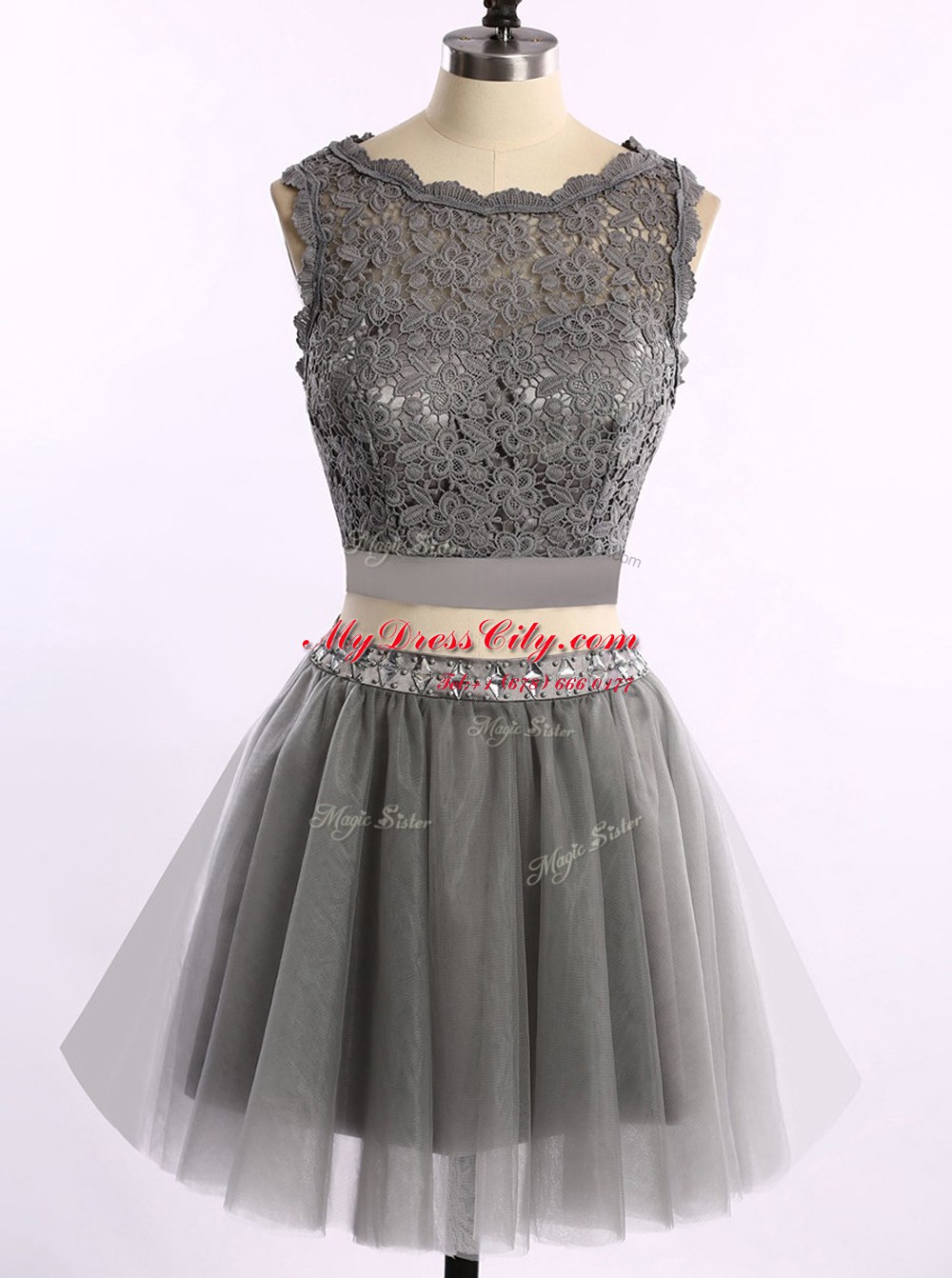Elegant Scoop Grey Sleeveless Mini Length Lace Zipper Prom Dresses
