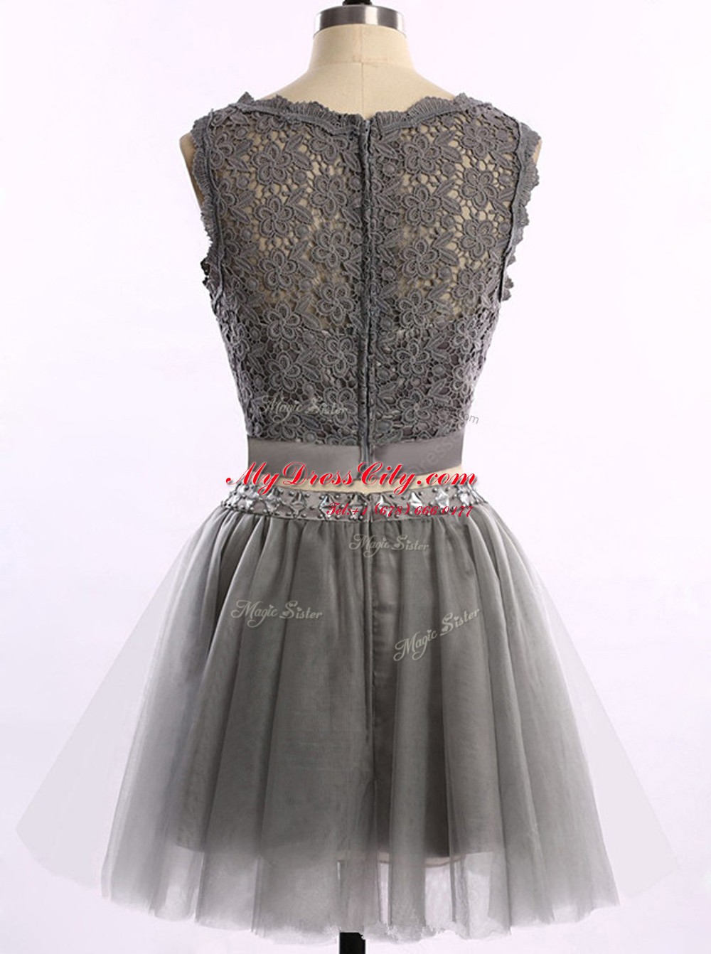 Elegant Scoop Grey Sleeveless Mini Length Lace Zipper Prom Dresses