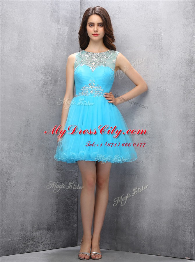 Delicate Blue Scoop Zipper Beading Prom Party Dress Sleeveless