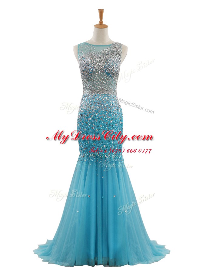 Traditional Mermaid Blue Sleeveless With Train Beading Zipper Prom Evening Gown