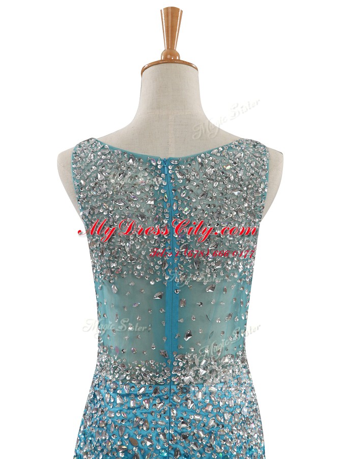 Traditional Mermaid Blue Sleeveless With Train Beading Zipper Prom Evening Gown