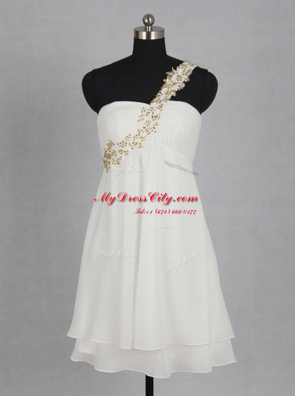 Mini Length White Prom Dresses One Shoulder Sleeveless Zipper