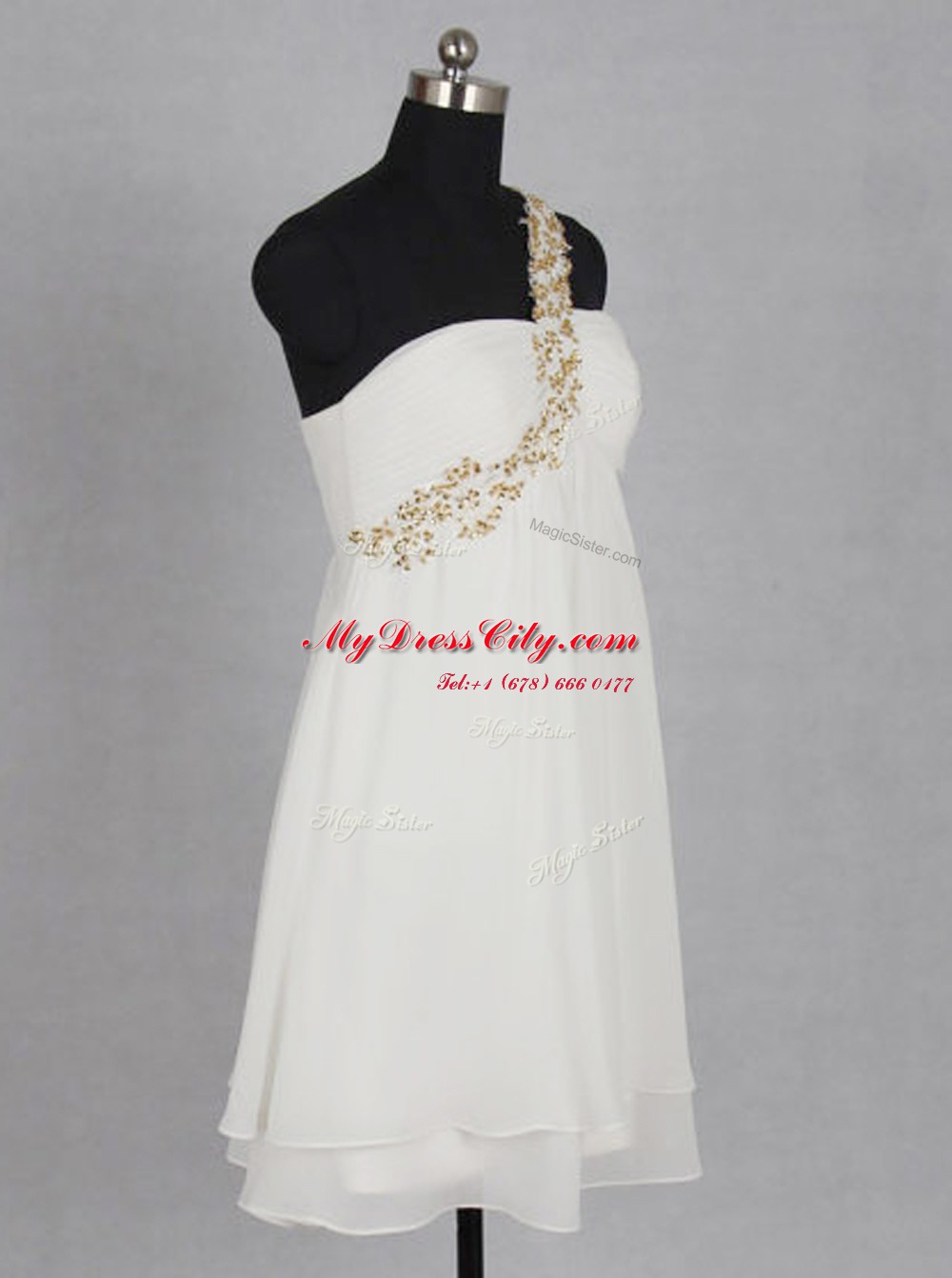Mini Length White Prom Dresses One Shoulder Sleeveless Zipper