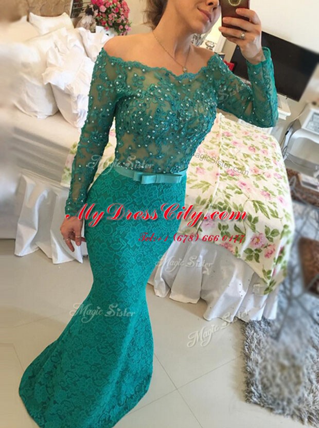 Mermaid Backless Floor Length Green Homecoming Dress Lace Long Sleeves Beading