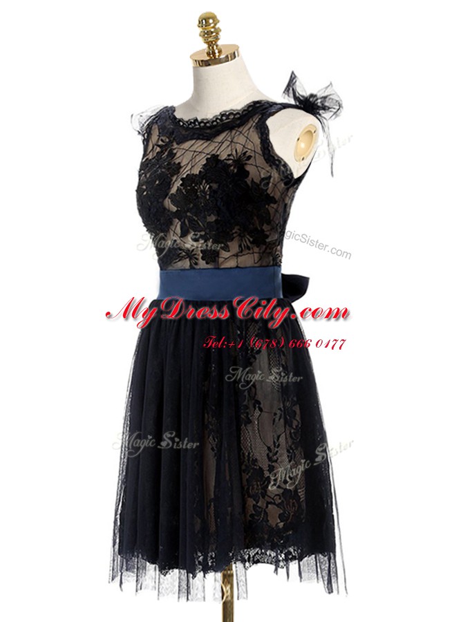 Cheap A-line Dress for Prom Black Scoop Lace Sleeveless Mini Length Backless