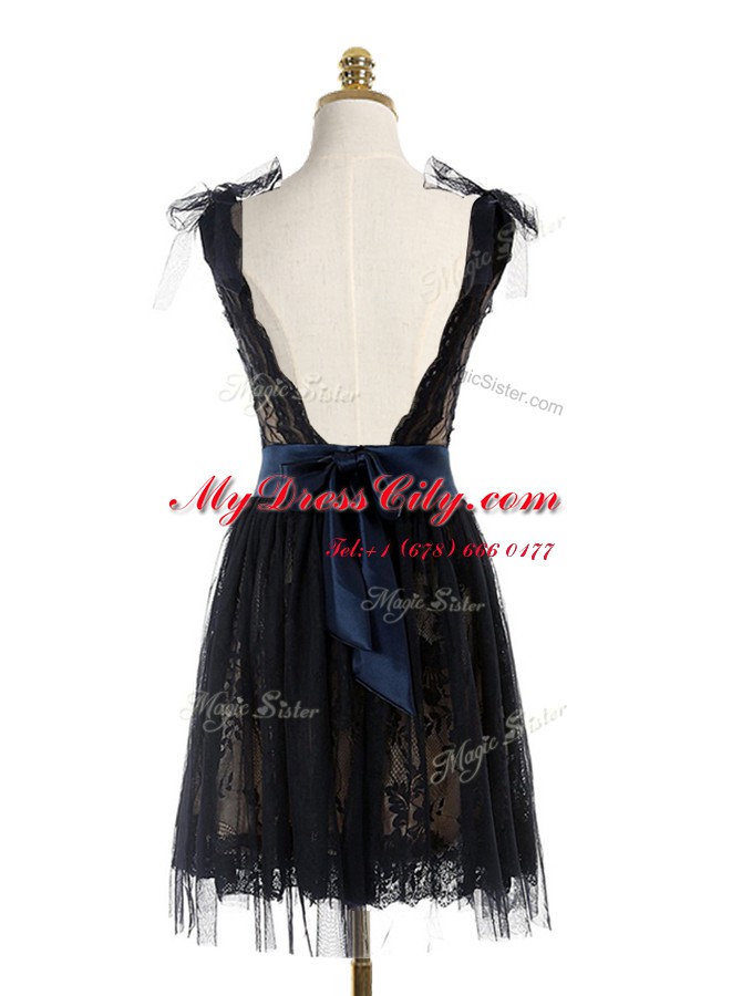 Cheap A-line Dress for Prom Black Scoop Lace Sleeveless Mini Length Backless