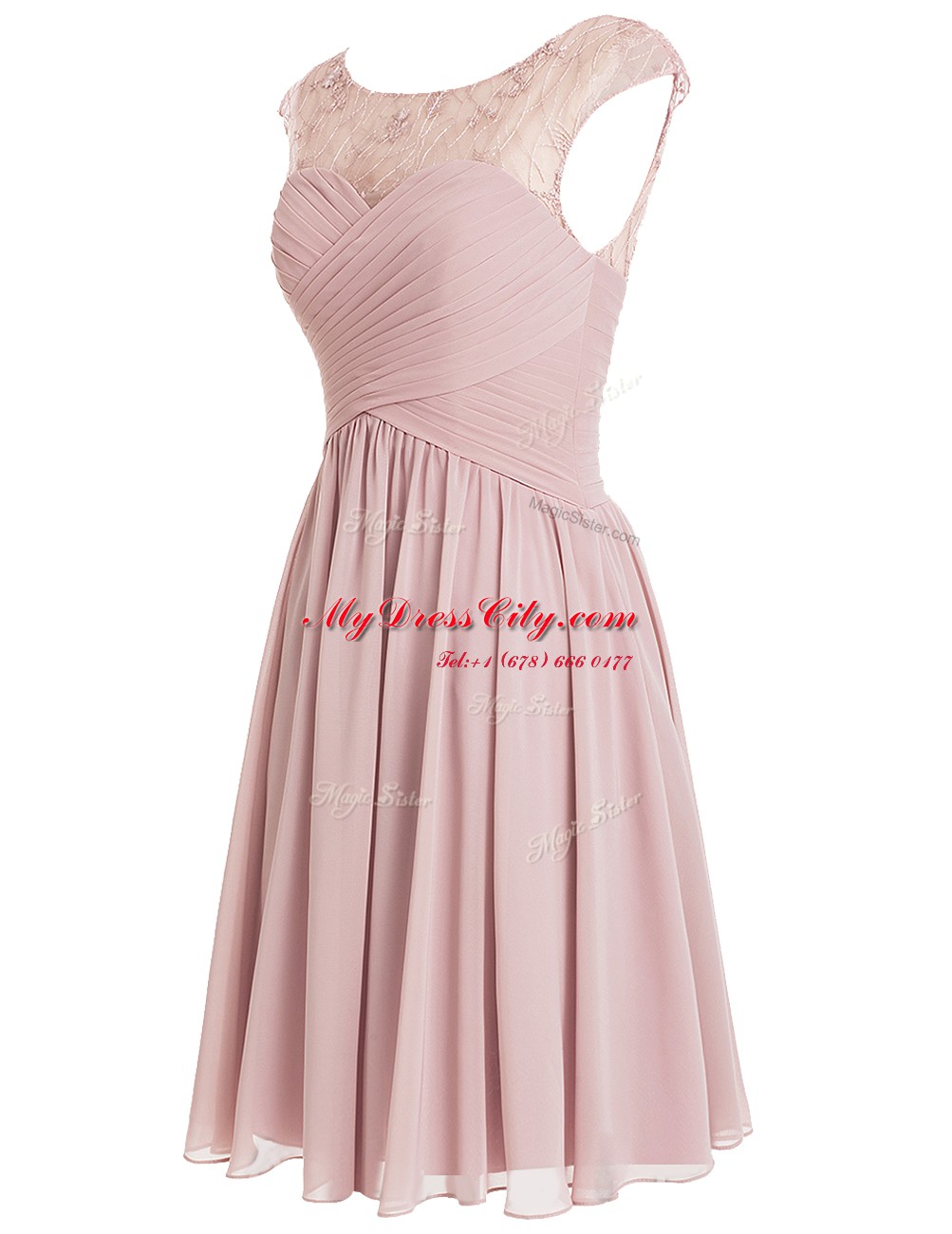 Scoop Pink A-line Beading Prom Party Dress Zipper Chiffon Cap Sleeves Knee Length