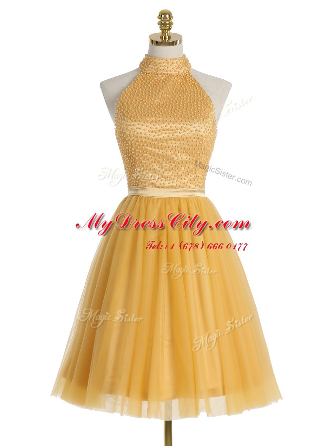 Mini Length A-line Sleeveless Gold Prom Dress Zipper