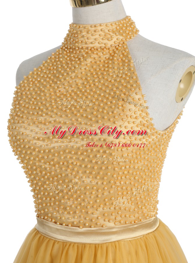 Mini Length A-line Sleeveless Gold Prom Dress Zipper