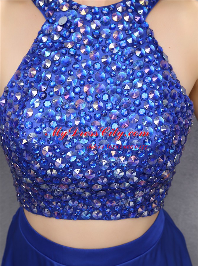 Clearance Royal Blue Chiffon Zipper Halter Top Sleeveless Mini Length Prom Gown Beading
