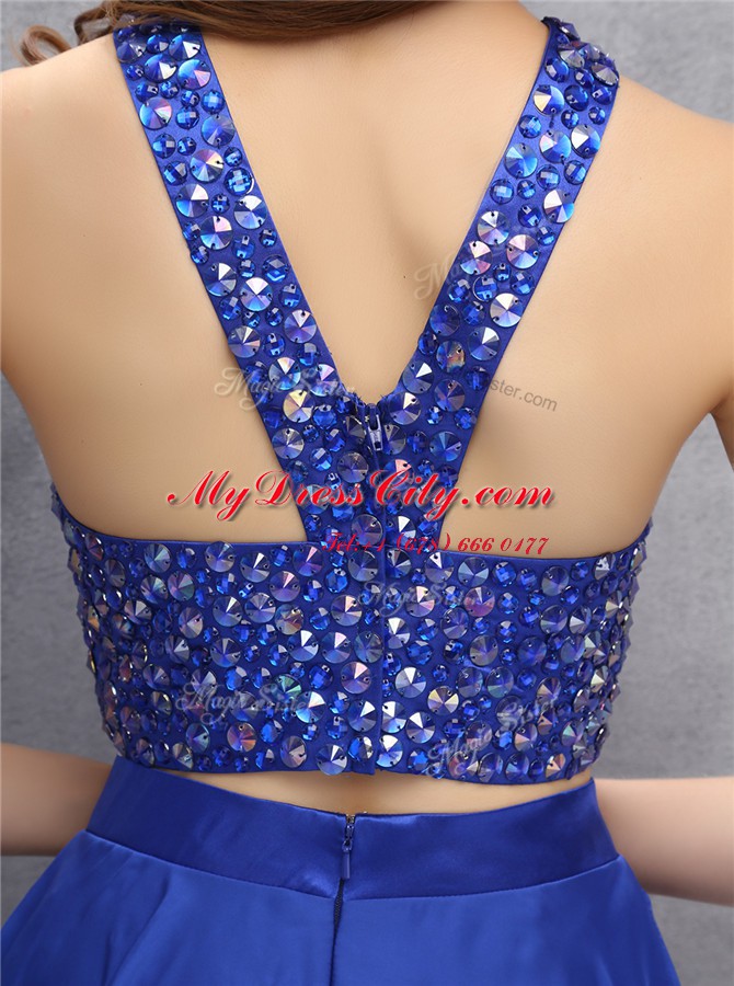 Clearance Royal Blue Chiffon Zipper Halter Top Sleeveless Mini Length Prom Gown Beading