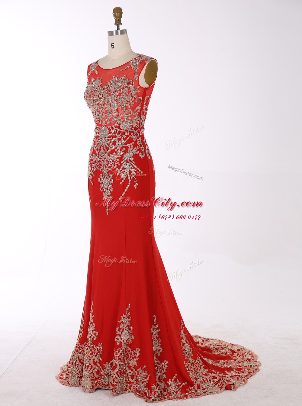 Delicate Mermaid Scoop With Train Red Chiffon Brush Train Sleeveless Beading and Appliques