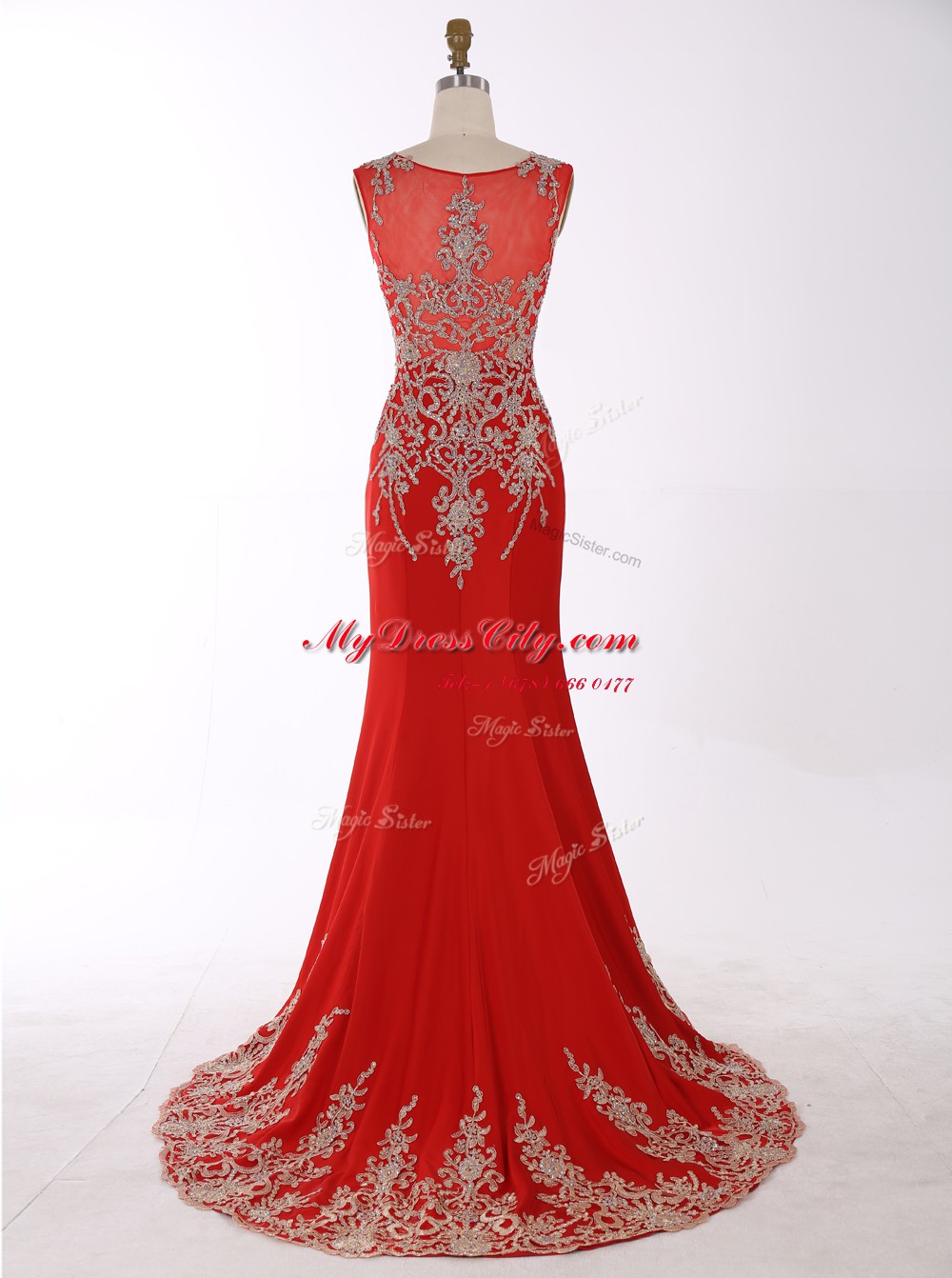 Delicate Mermaid Scoop With Train Red Chiffon Brush Train Sleeveless Beading and Appliques