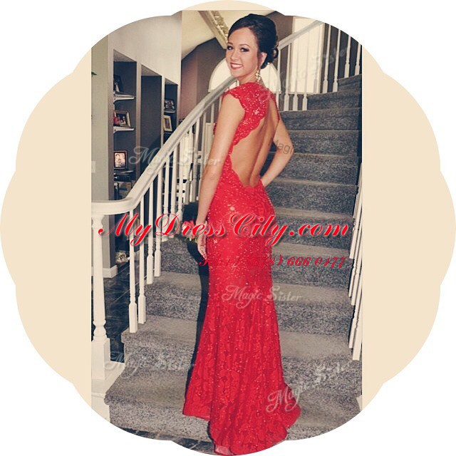 Dramatic Mermaid Lace Red Backless Cap Sleeves With Train Court Train