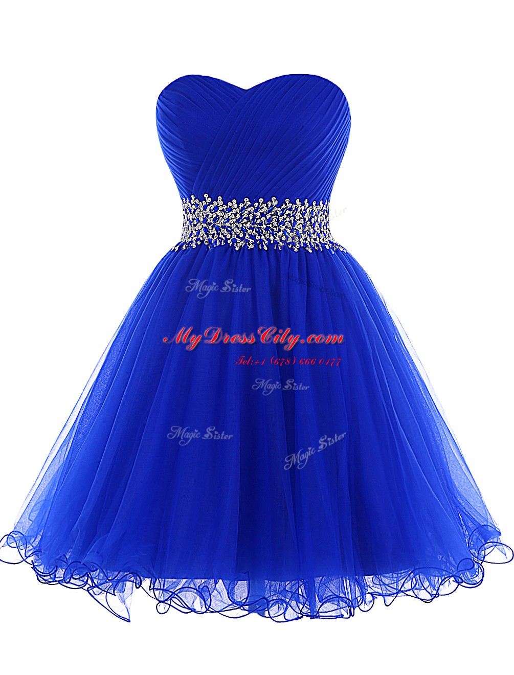 Royal Blue Lace Up Dress for Prom Beading Sleeveless Mini Length