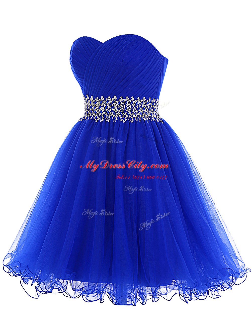 Royal Blue Lace Up Dress for Prom Beading Sleeveless Mini Length