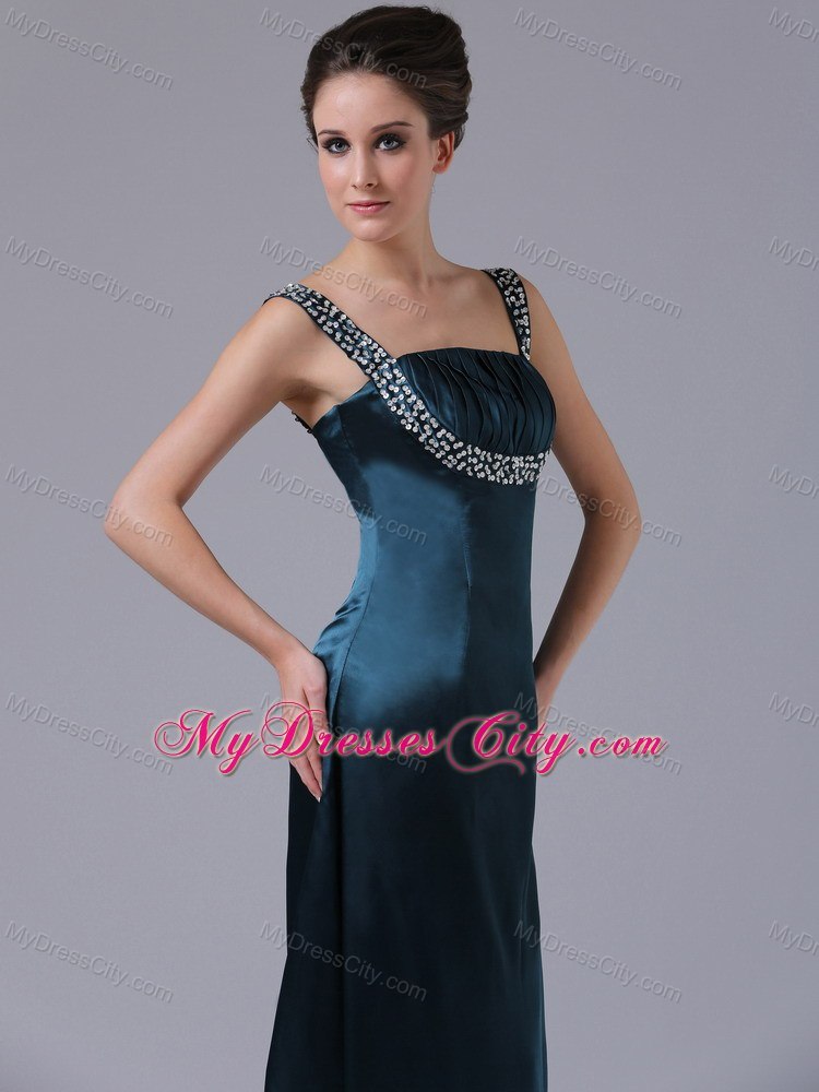 Beaded Decorate Shoulder Straps Taffeta Navy Blue Evening Dress