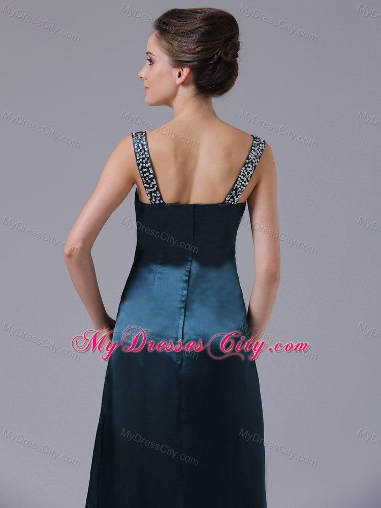 Beaded Decorate Shoulder Straps Taffeta Navy Blue Evening Dress