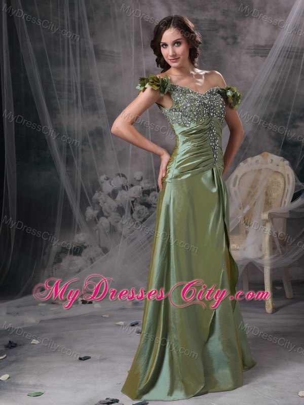 Olive Green Evening Dresses Off The Shoulder Beading and Ruches