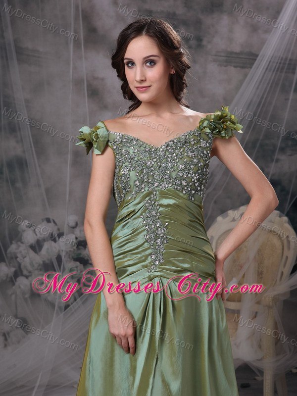 Olive Green Evening Dresses Off The Shoulder Beading and Ruches