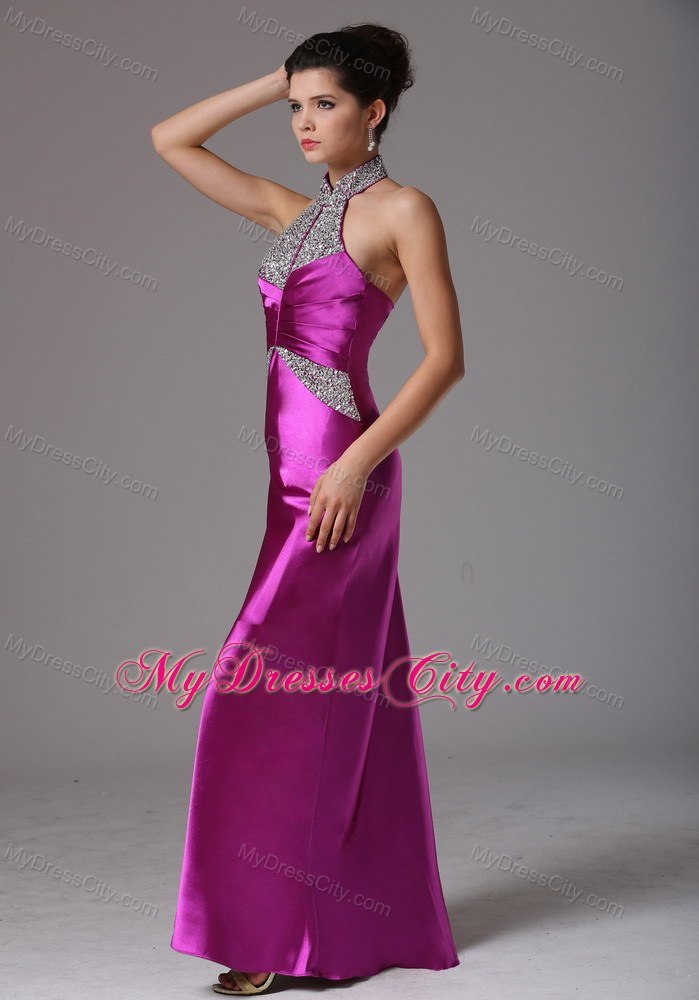 Fuchsia Halter Beading Evening Dresses for Celebrity with Backless