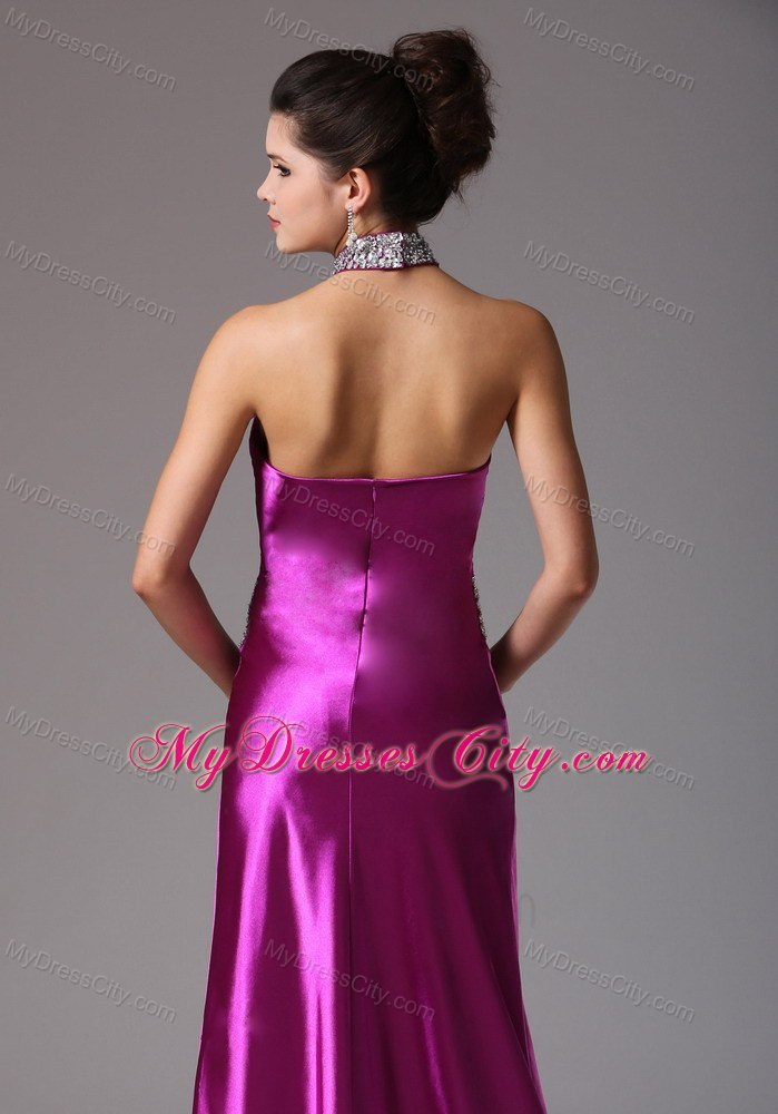 Fuchsia Halter Beading Evening Dresses for Celebrity with Backless