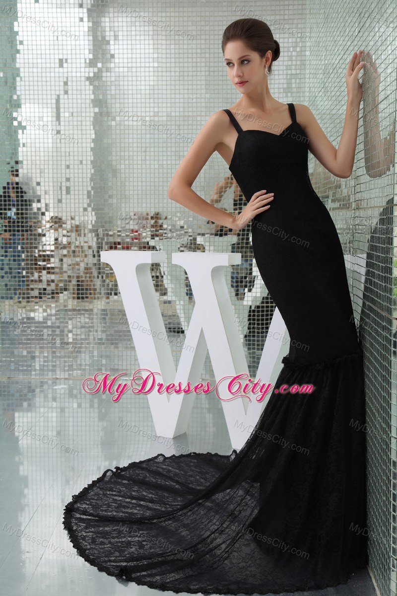 Long Black Mermaid Lace Prom Evening Dress with Court Train