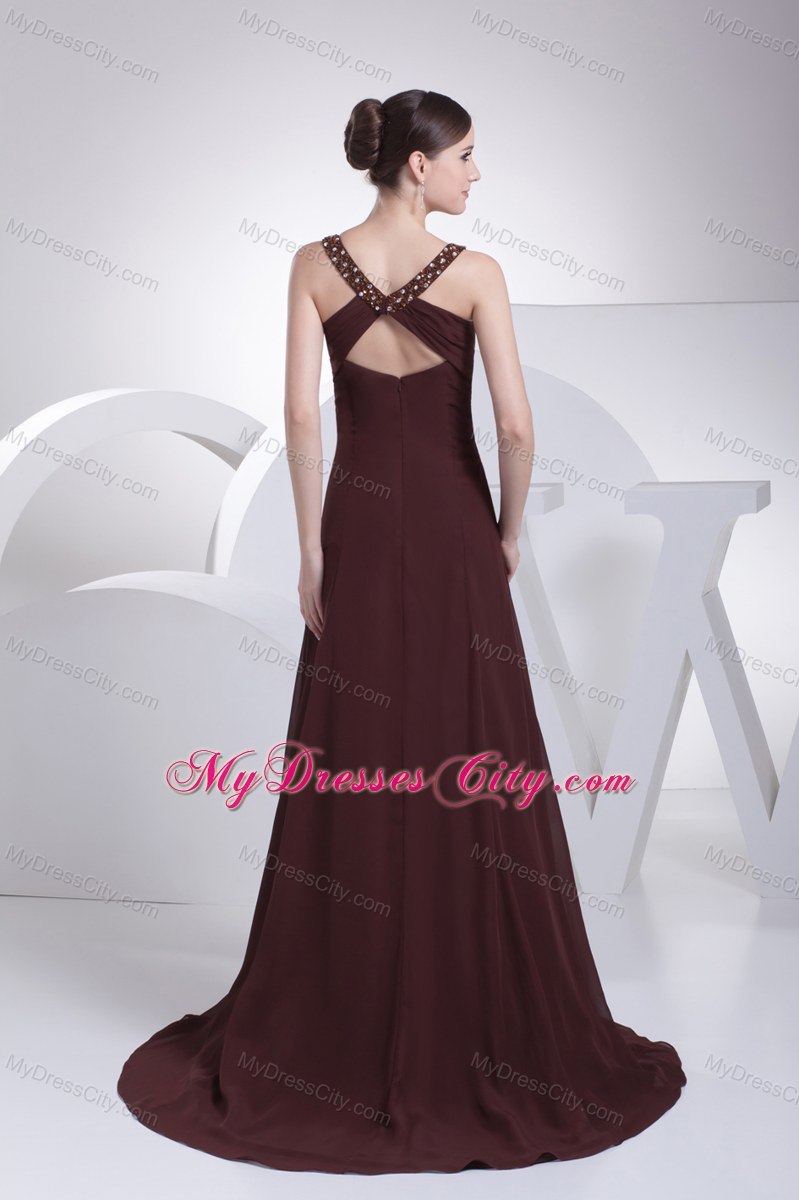 Chocolate V-neck Beaded Maxi Evening Dress with Criss Cross