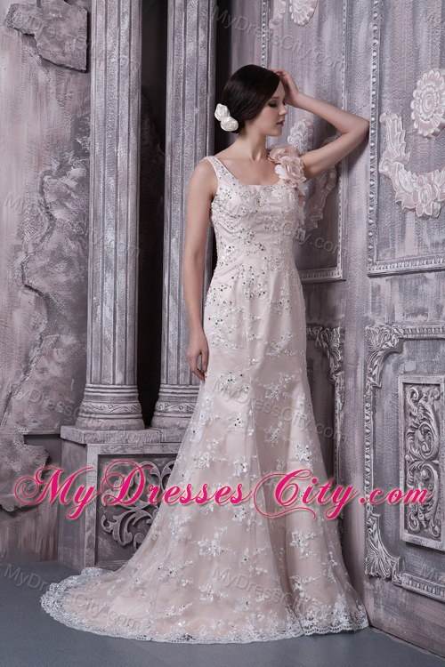 Champagne Scoop Lace Evening Dresses with Flowery Straps