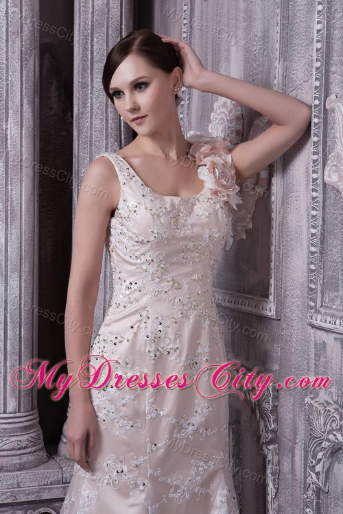 Champagne Scoop Lace Evening Dresses with Flowery Straps