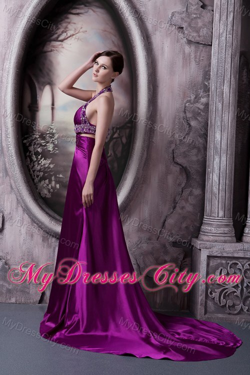 Beaded Halter Eggplant Purple Evening Dresses with Cut Out