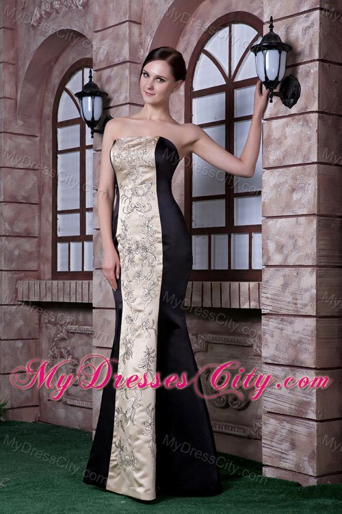 Black and Champagne Mermaid Strapless Embroidery Evening Dress
