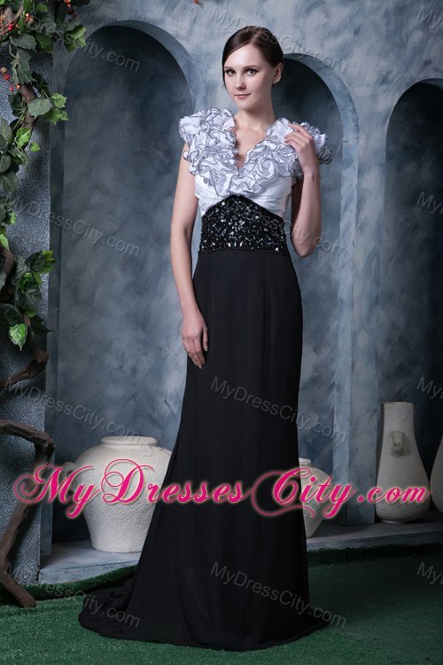 Beaded White and Black Evening Prom Gowns with Ruffle V-neck